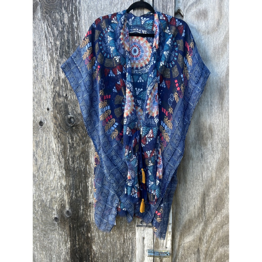 Blue Boho Kimono Festival Tassel Cover Up One Size Mandala Beach Resort‎ NWT